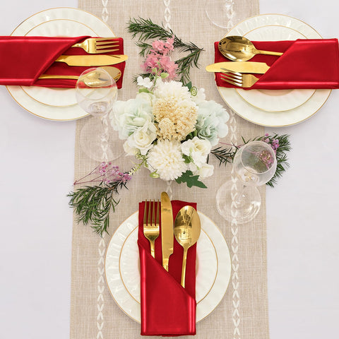 Folded Eychei red satin napkins 17x17 inches for upscale place settings