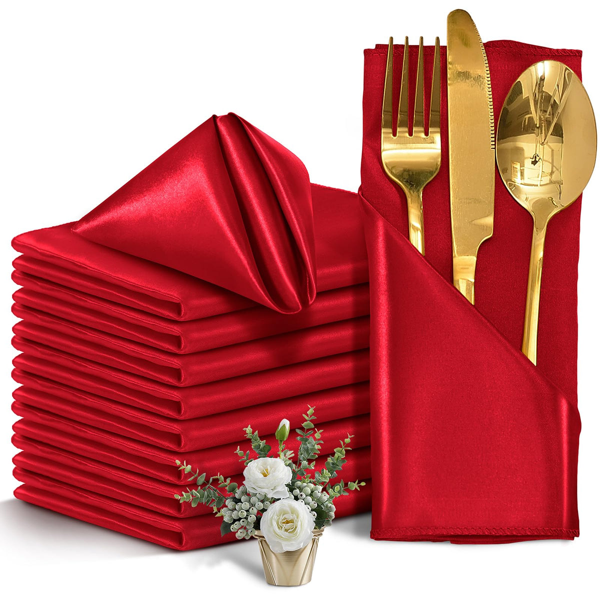 Eychei red satin napkins on a formal table setting for elegant dining