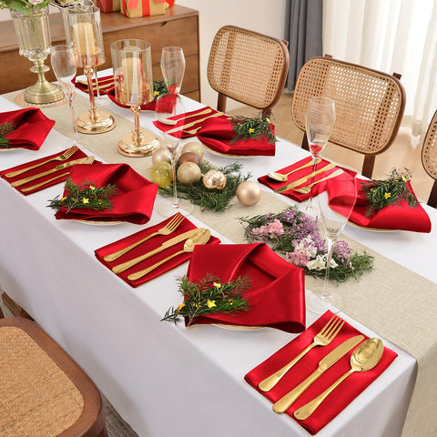 Close-up of Eychei red satin napkin with wrinkle-free finish