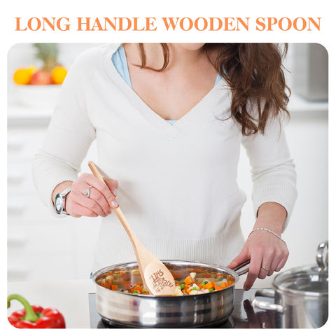 EYEOO wooden spoon with long handle ideal for deep pots and safe stirring.