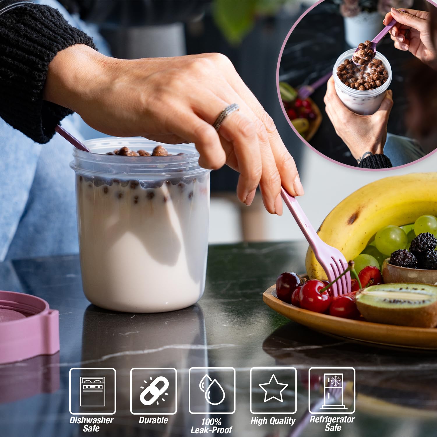 EYNEL leak-proof plastic cups prevent spills in bags and desks