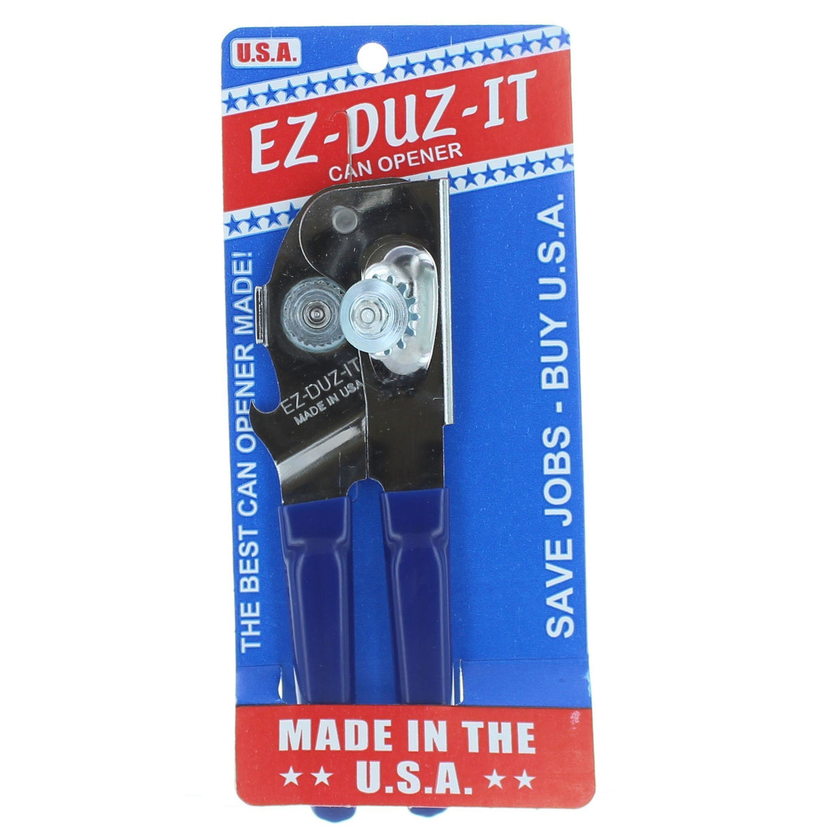 EZ-DUZ-IT blue can opener with non-slip handles for smooth opening.