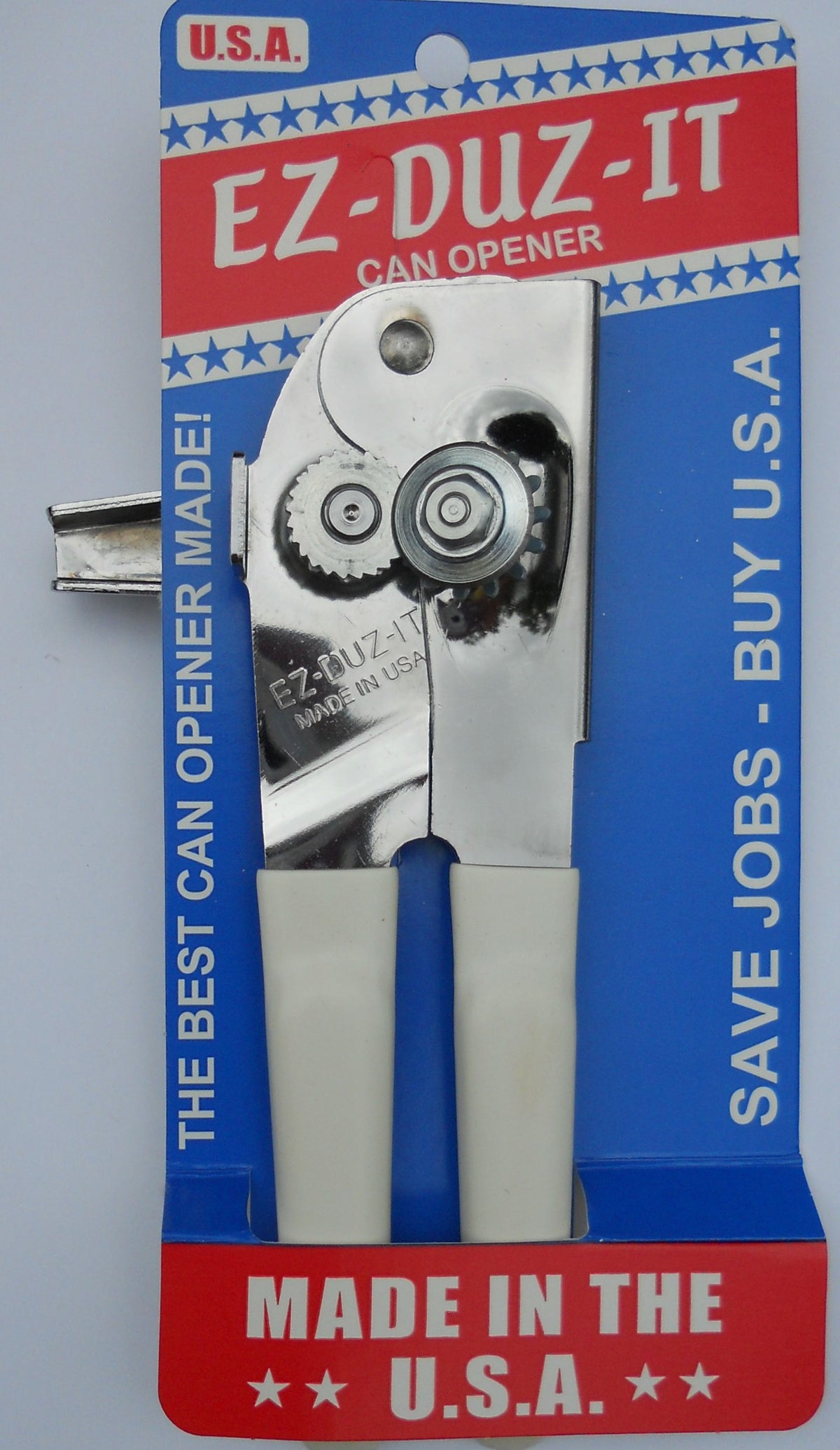 EZ-DUZ-IT can opener white front view highlights durable swing design for steady cans