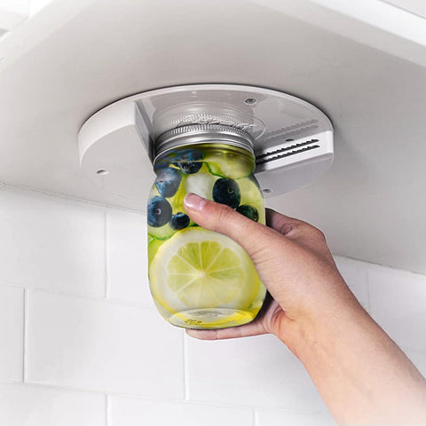 EZ Off jar opener under-cabinet mount enables easy one-handed opening for stubborn jars.