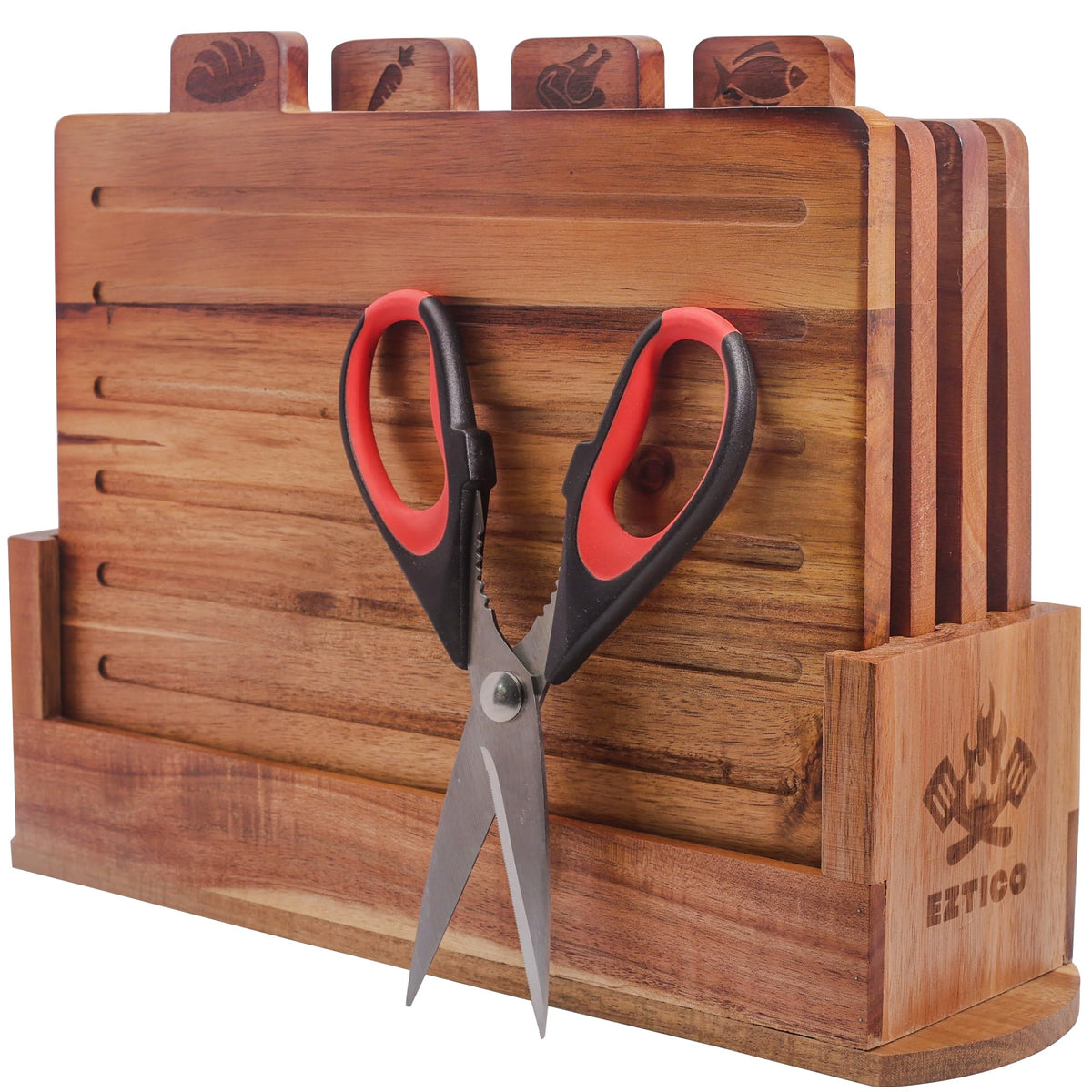 EZTICO acacia cutting board set with scissors and stand for organized prep and serving