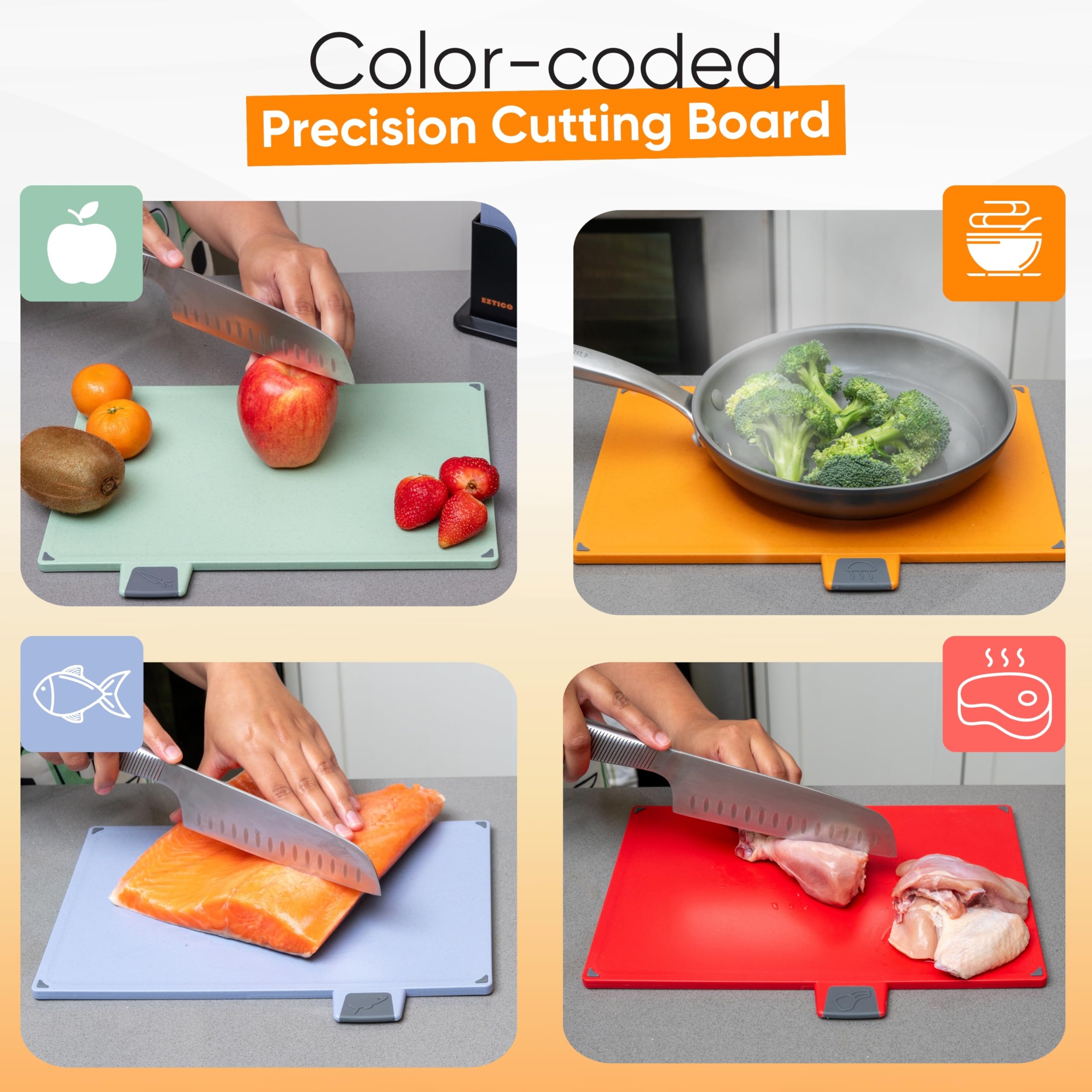 EZTICO dishwasher-safe cutting boards shown being cleaned after use.