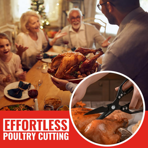 EZUVITA kitchen scissors cutting meat and vegetables with ergonomic grip.