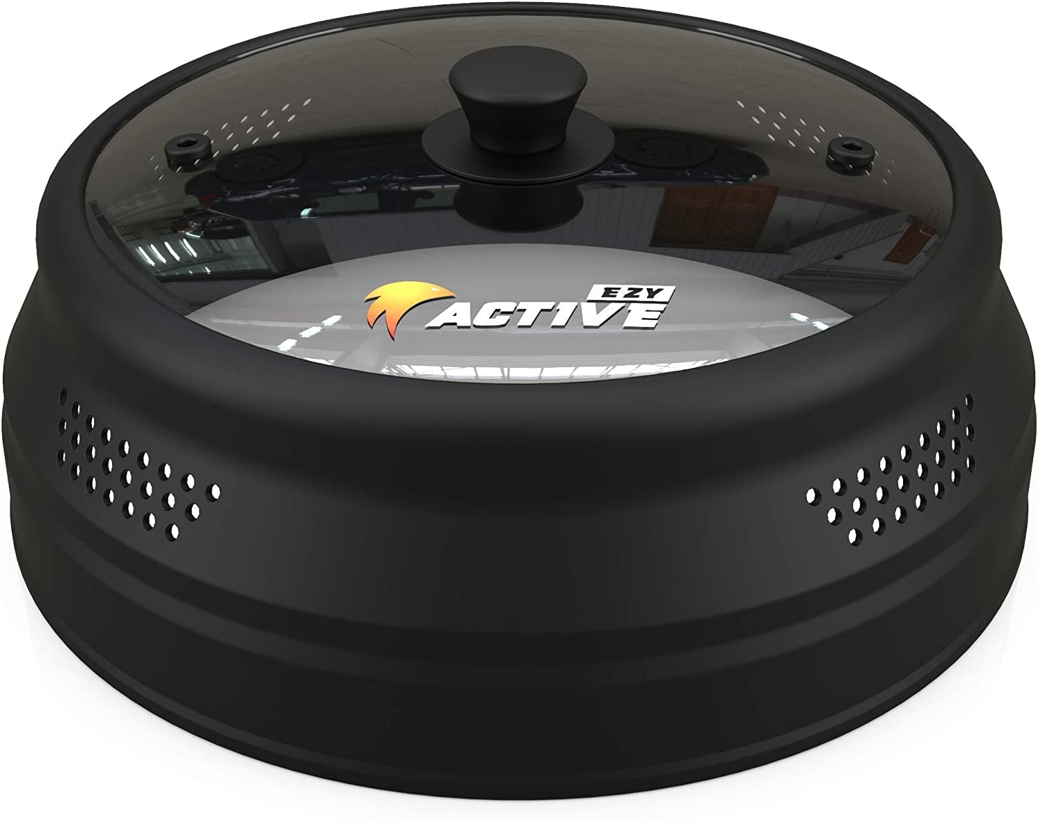 EZY ACTIVE collapsible microwave cover over a plate to prevent splatter.