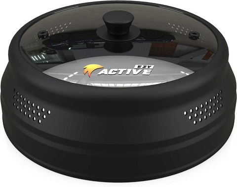 EZY ACTIVE collapsible microwave cover over a plate to prevent splatter.