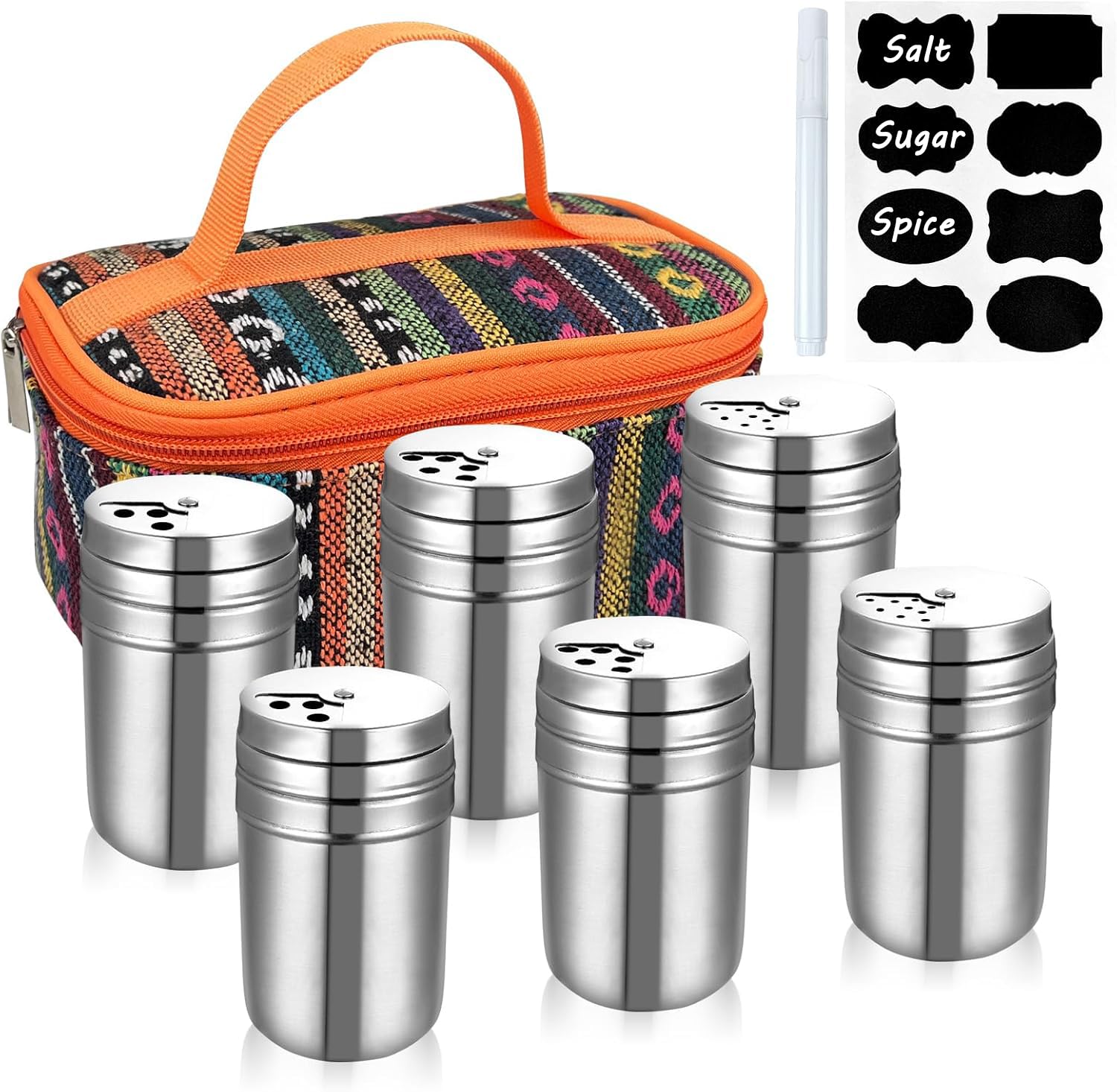 EZYoutdoor 6Pcs stainless steel spice shakers in a travel kit for outdoor cooking.