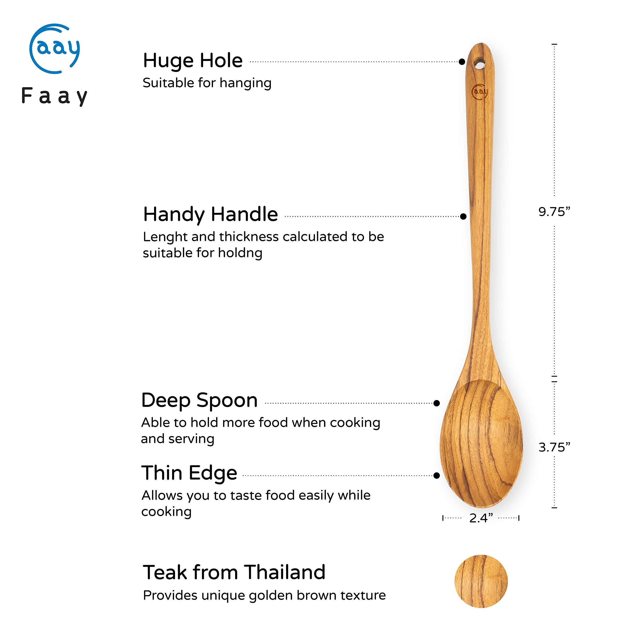 FAAY teak spoon smooth finish shows natural color variations while remaining food-safe