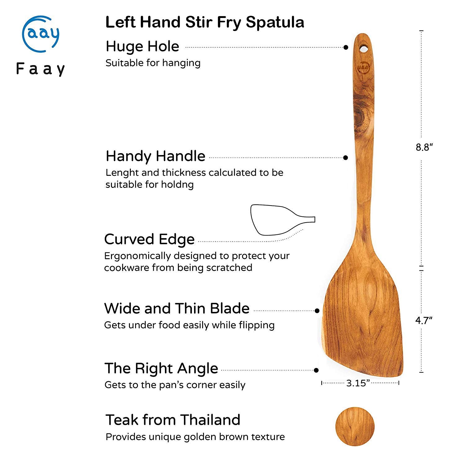 FAAY teak spatula with slim edge for gentle lifting and non-tear on eggs and vegetables.