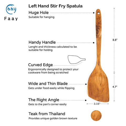 FAAY teak spatula with slim edge for gentle lifting and non-tear on eggs and vegetables.