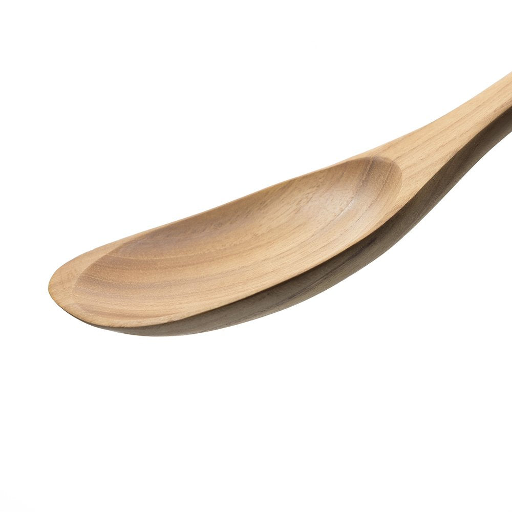 FAAY teak spoon with smooth edges safe for non-stick cookware.