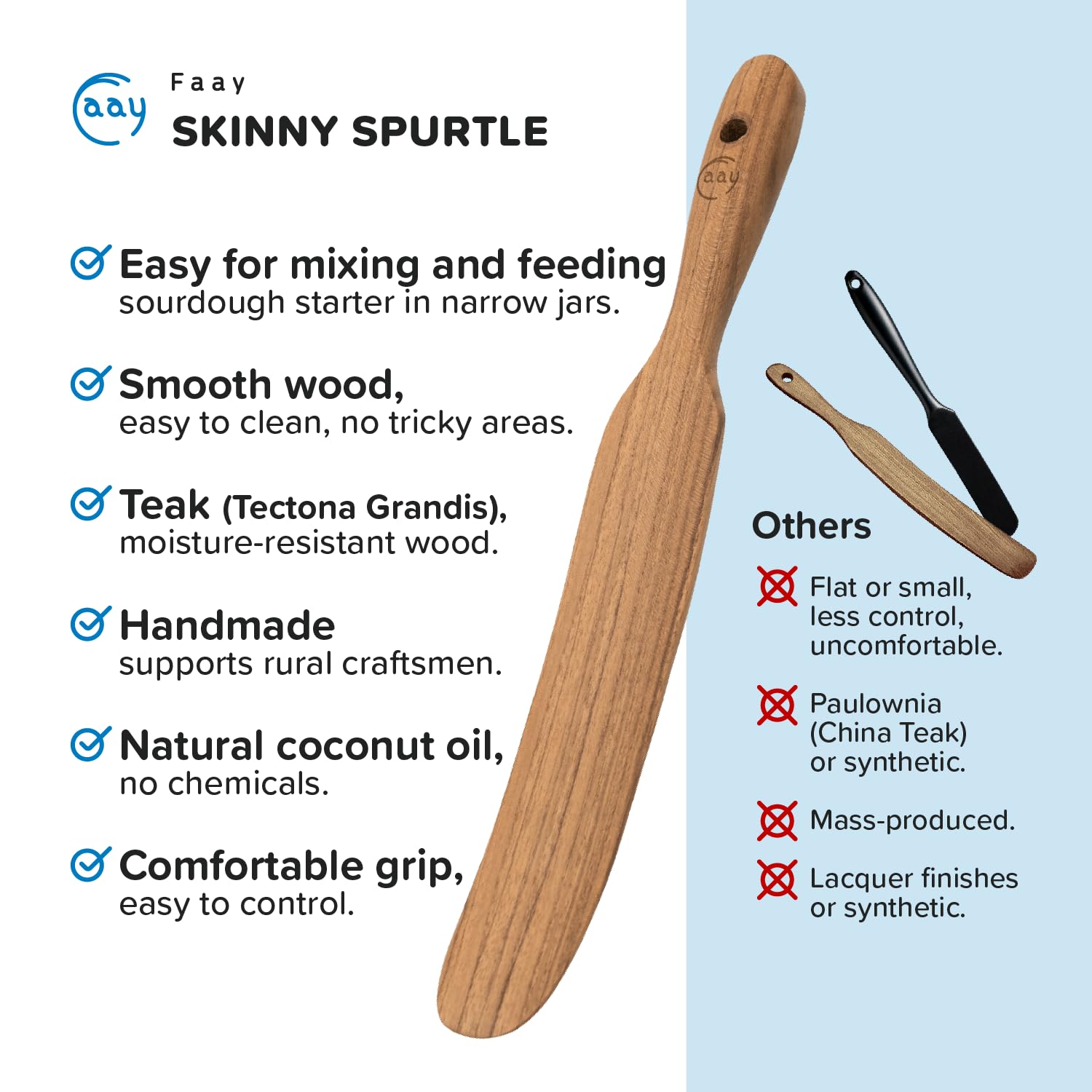 FAAY Teak Spurtle with coconut oil finish for daily use.