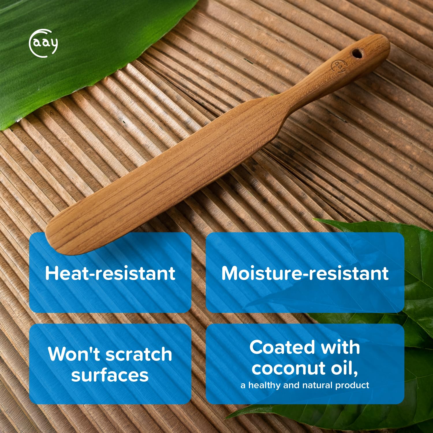FAAY Teak Spurtle packaging emphasizes sustainable, ready-to-use design.