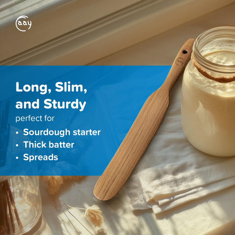 FAAY Teak Spurtle in a bowl for precise batter mixing.