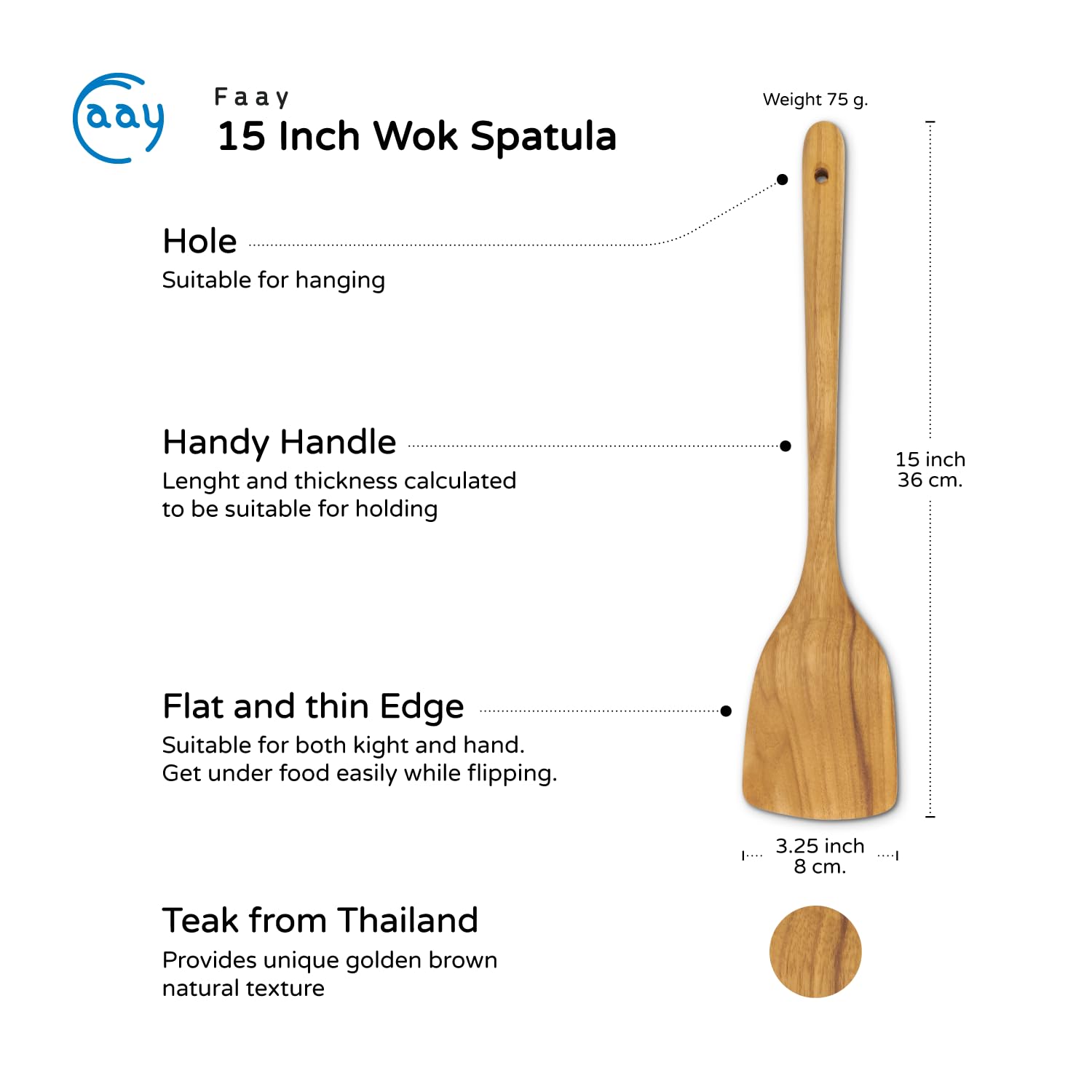 FAAY teak wok spatula features ergonomic-curve for comfortable stirring during high-heat cooking.