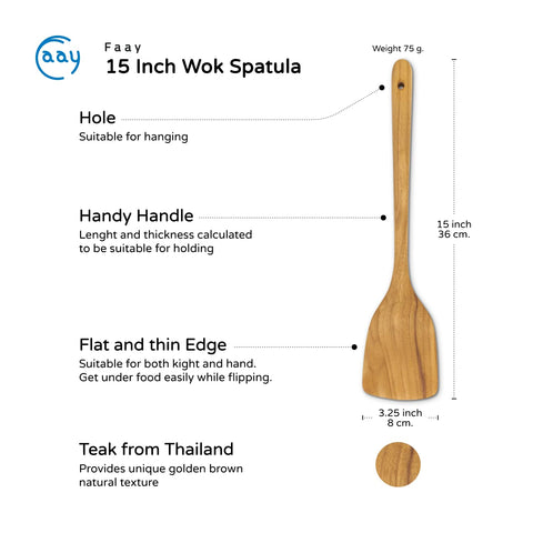 FAAY teak wok spatula features ergonomic-curve for comfortable stirring during high-heat cooking.