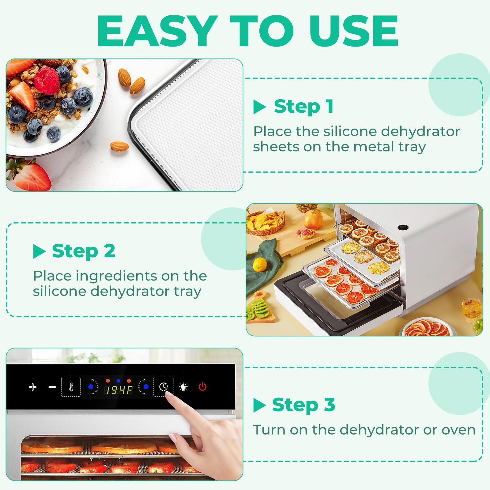 FAAYUCK edge-deployed dehydrator mat promotes airflow for even drying.