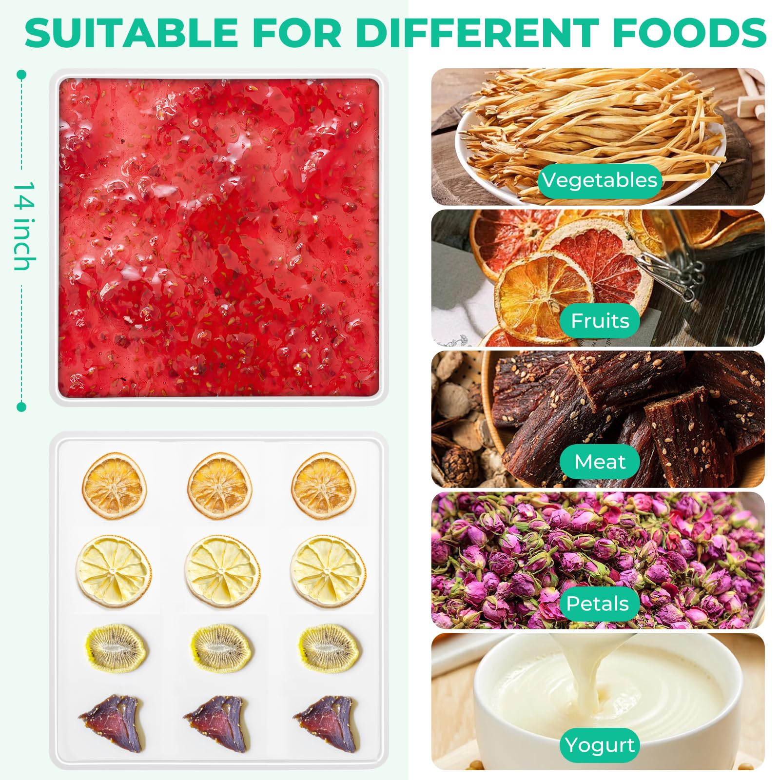 FAAYUCK multi-purpose dehydrator sheet for meats, granola, and egg bites.