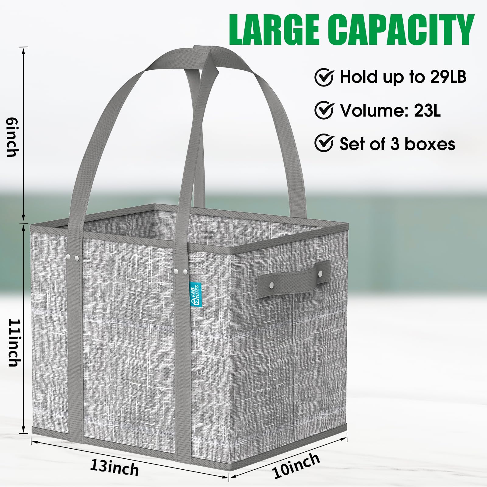 Fab totes grocery bag folded grey demonstrates compact storage in a car trunk.