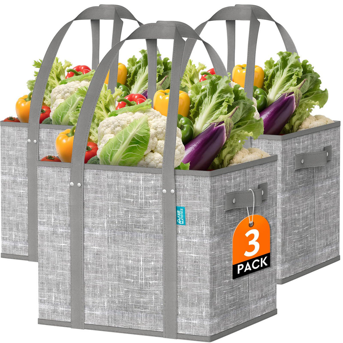Fab totes reusable grocery bag open grey showing spacious interior for easy loading.