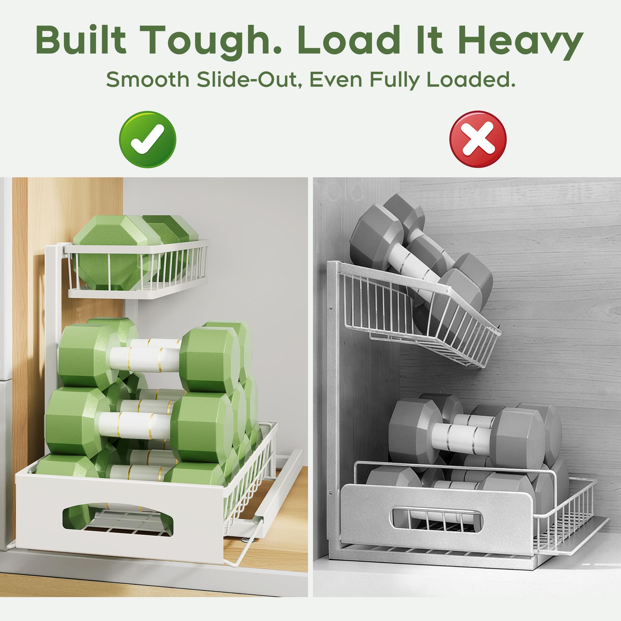 Height-adjustable shelves from Fabutier fit around pipes in a sink cabinet.