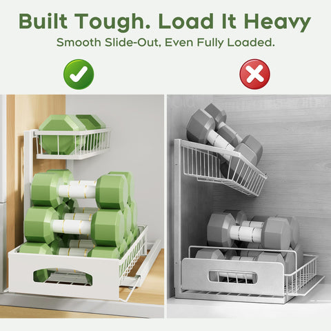 Height-adjustable shelves from Fabutier fit around pipes in a sink cabinet.