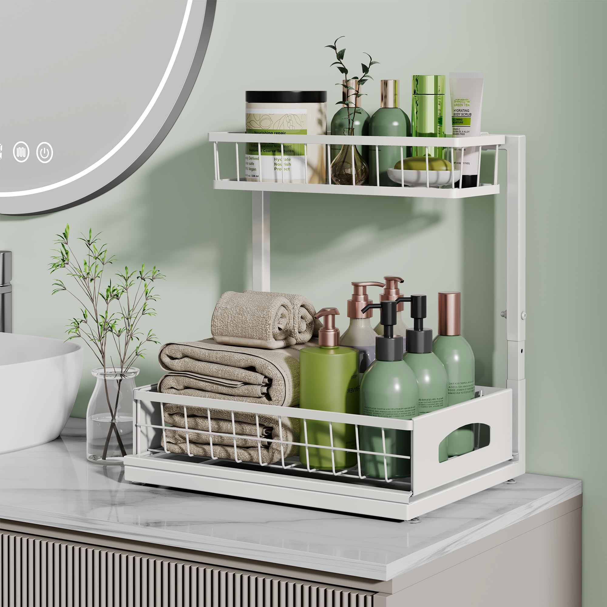 Rust-proof finish on Fabutier organizer protects against moisture in kitchens and baths.