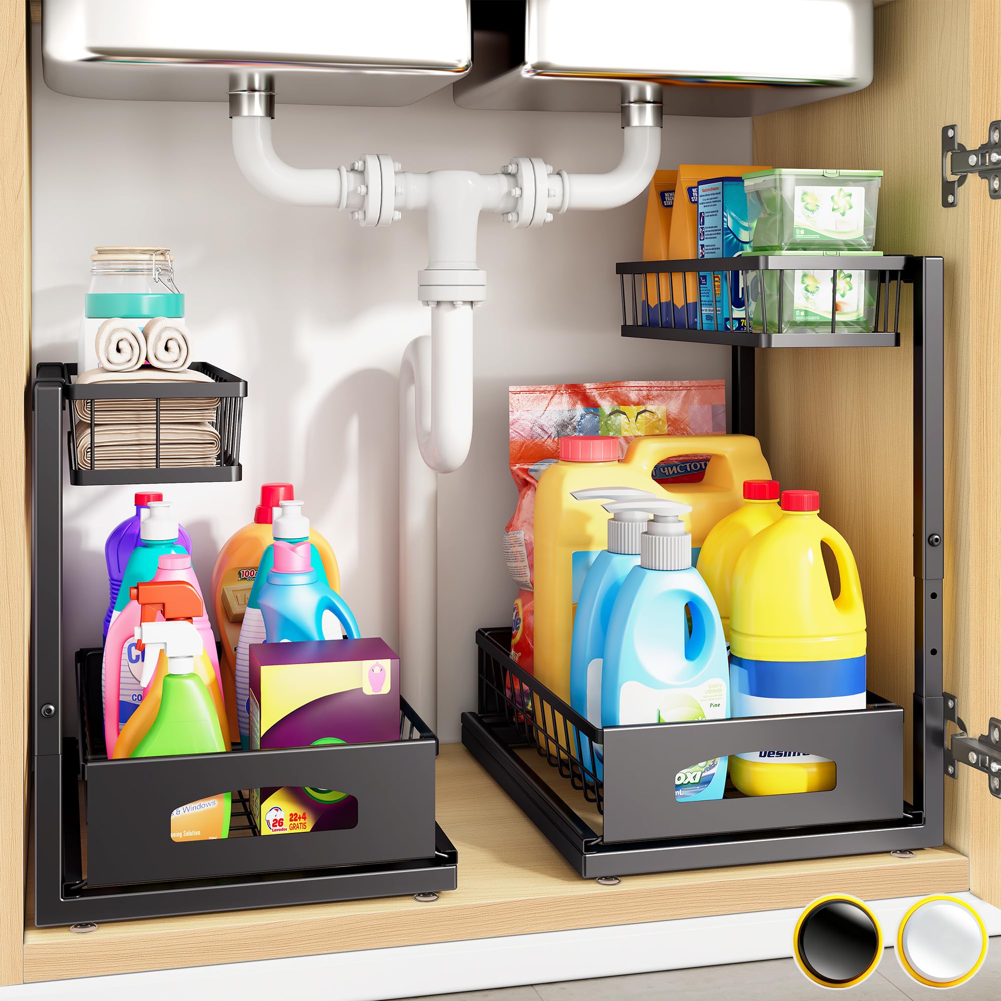 Fabutier under sink organizer upper shelf shows flexible storage for tall bottles