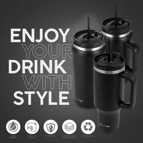 FAHRMOSIS tumbler with sweat-proof base stays dry on surfaces.