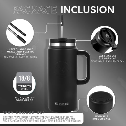 FAHRMOSIS tumbler wide mouth eases filling, cleaning, and ice addition.