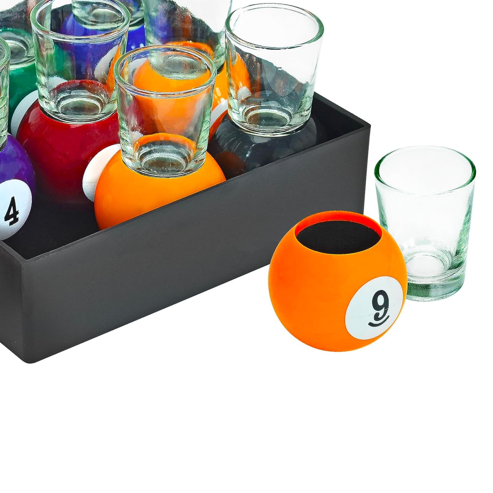 Fairly Odd Novelties billiards shot glass on blue ball base, great for entertaining guests.