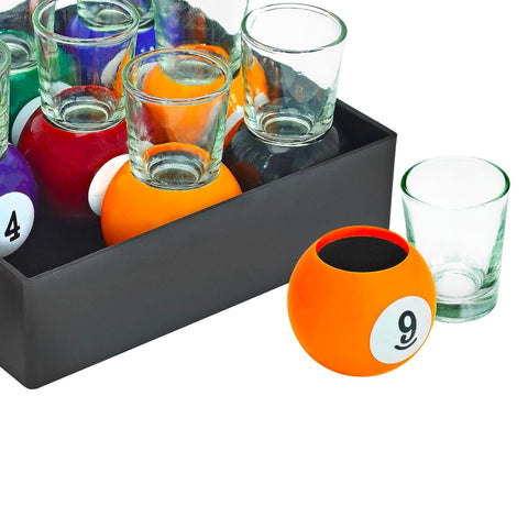 Fairly Odd Novelties billiards shot glass on blue ball base, great for entertaining guests.