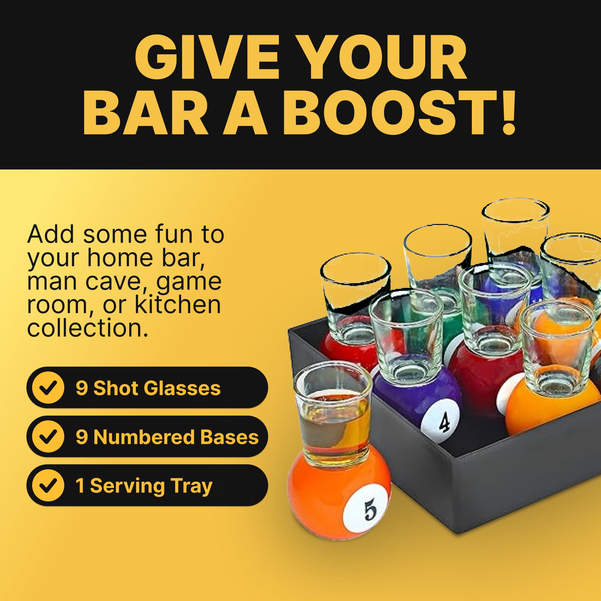 Fairly Odd Novelties billiards shot glass on orange ball base, ideal for tasting drinks.