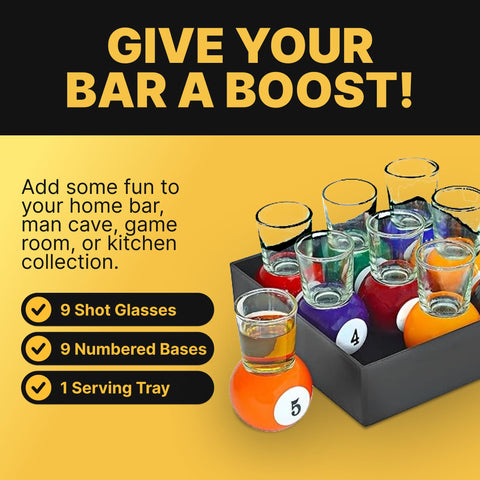 Fairly Odd Novelties billiards shot glass on orange ball base, ideal for tasting drinks.