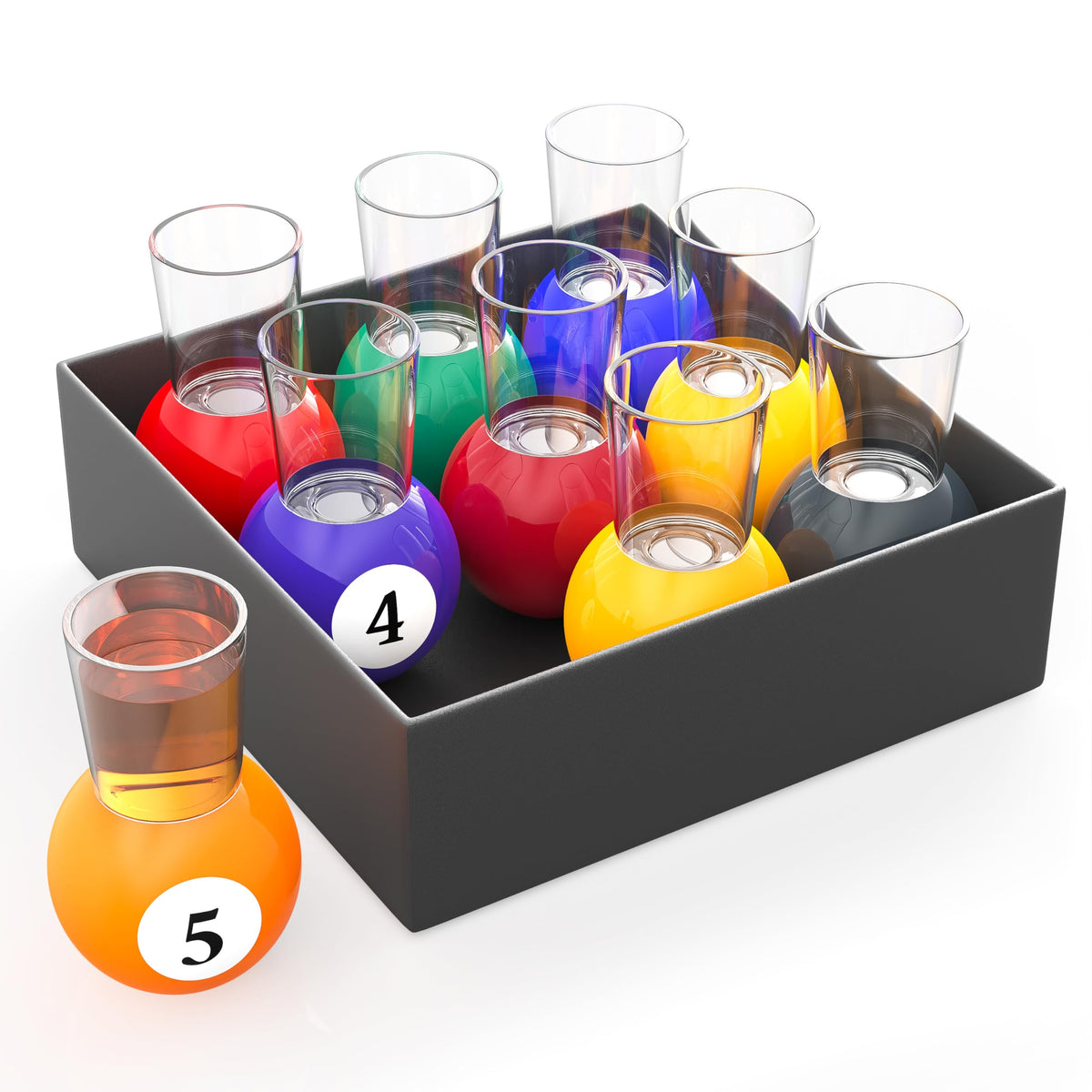 Fairly Odd Novelties billiards shot glass on yellow ball base, party-ready pool vibe.
