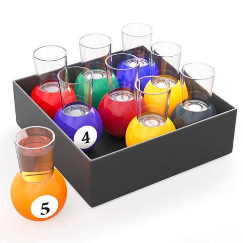 Fairly Odd Novelties billiards shot glass on yellow ball base, party-ready pool vibe.