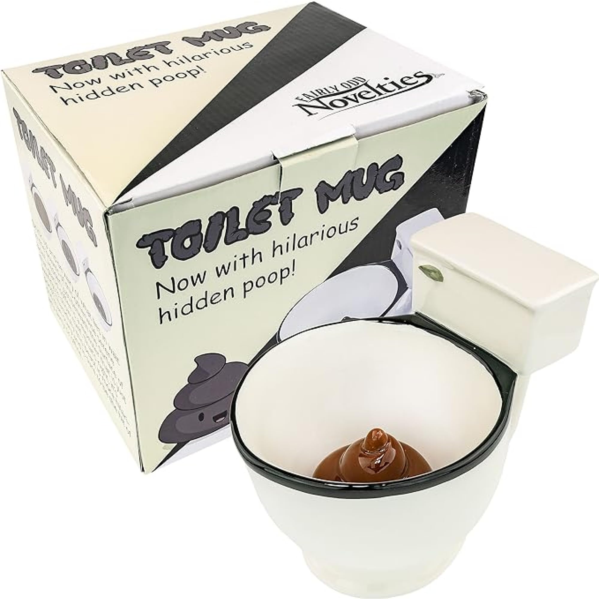 Fairly Odd Novelties ceramic toilet mug reveals a hidden poop surprise for playful mornings.