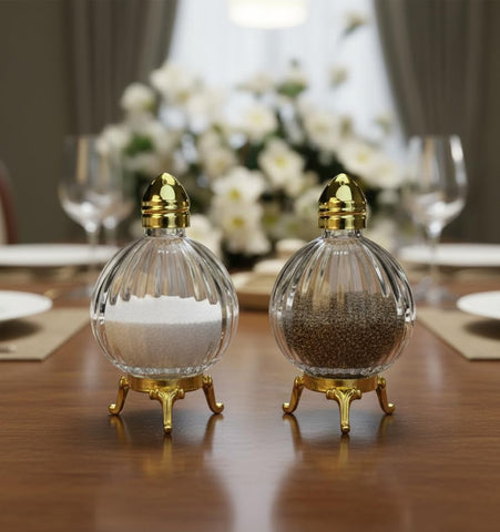 Fairturk gold-tone top shaker provides stable, stylish access during meals.