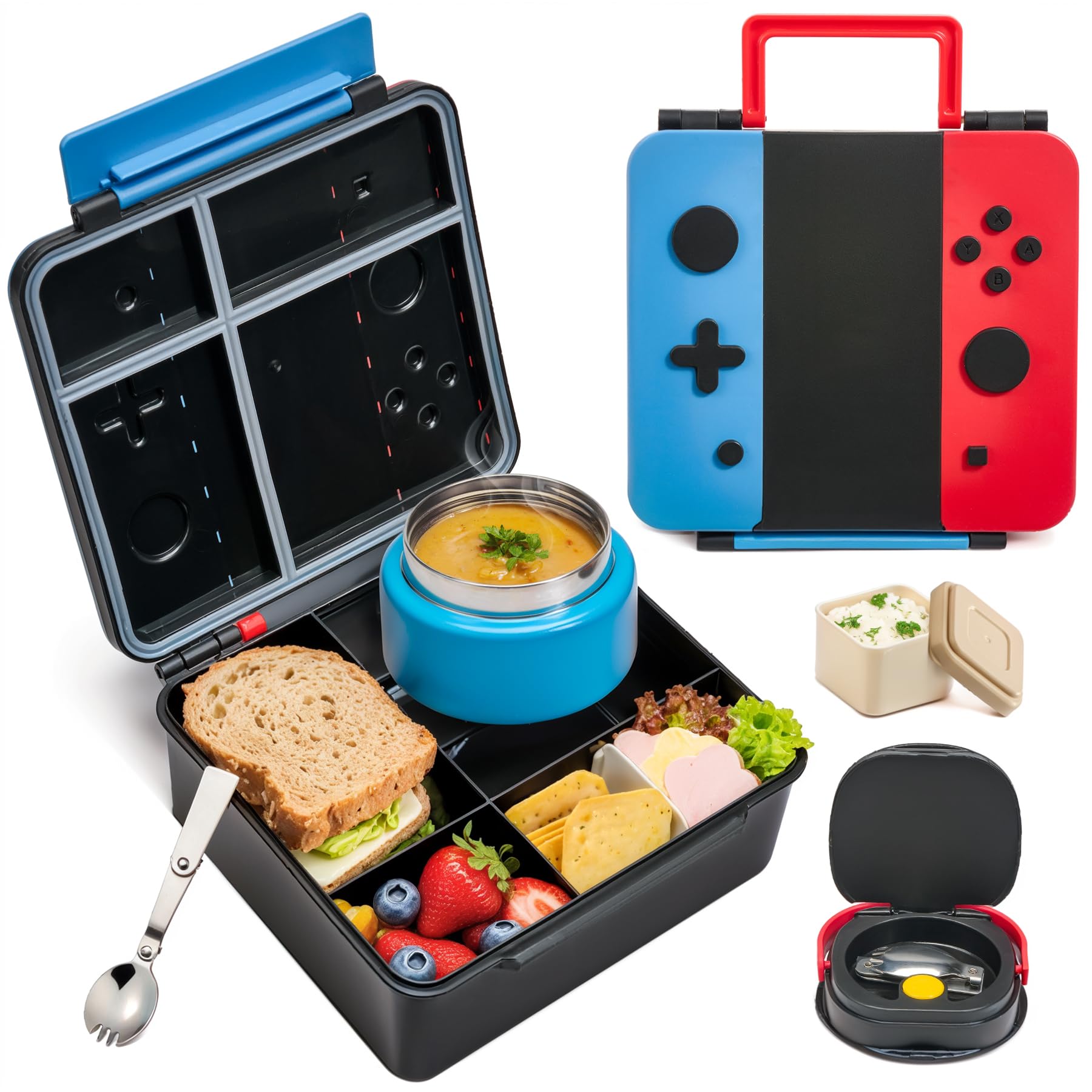 FAJSL Game Bento Box kids complete set in blue-red, ideal for school lunches.