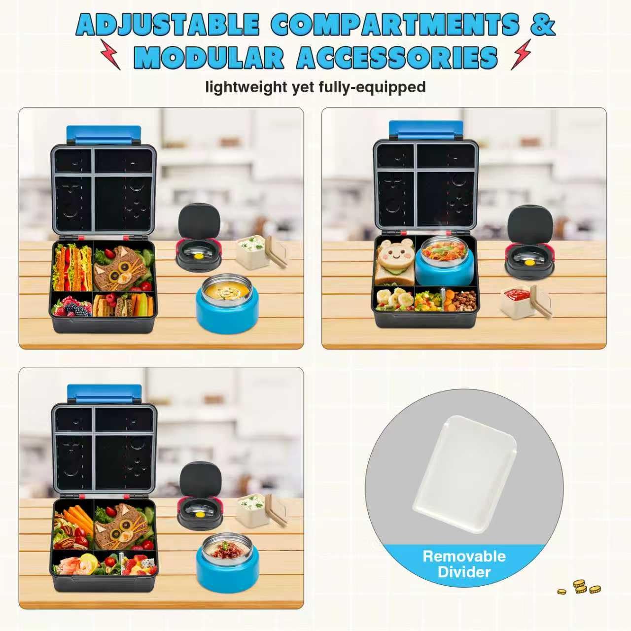 FAJSL removable dividers in blue-red customize compartments for snacks and meals.
