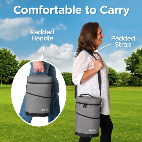Adjustable padded carry straps offer comfortable handling for shoulder or by hand.
