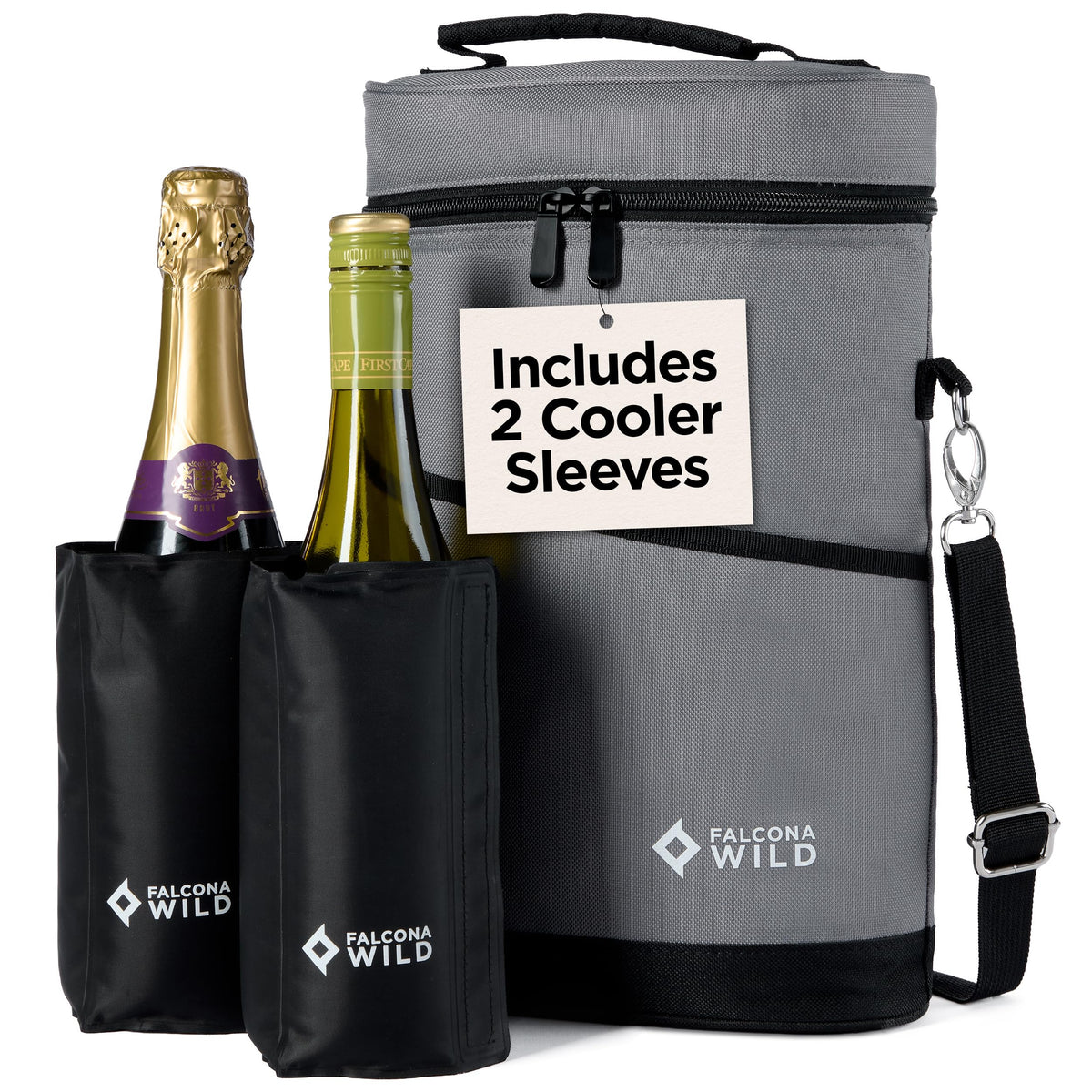 Falcona Wild wine cooler bag with two sleeves keeps two bottles perfectly chilled on the go.