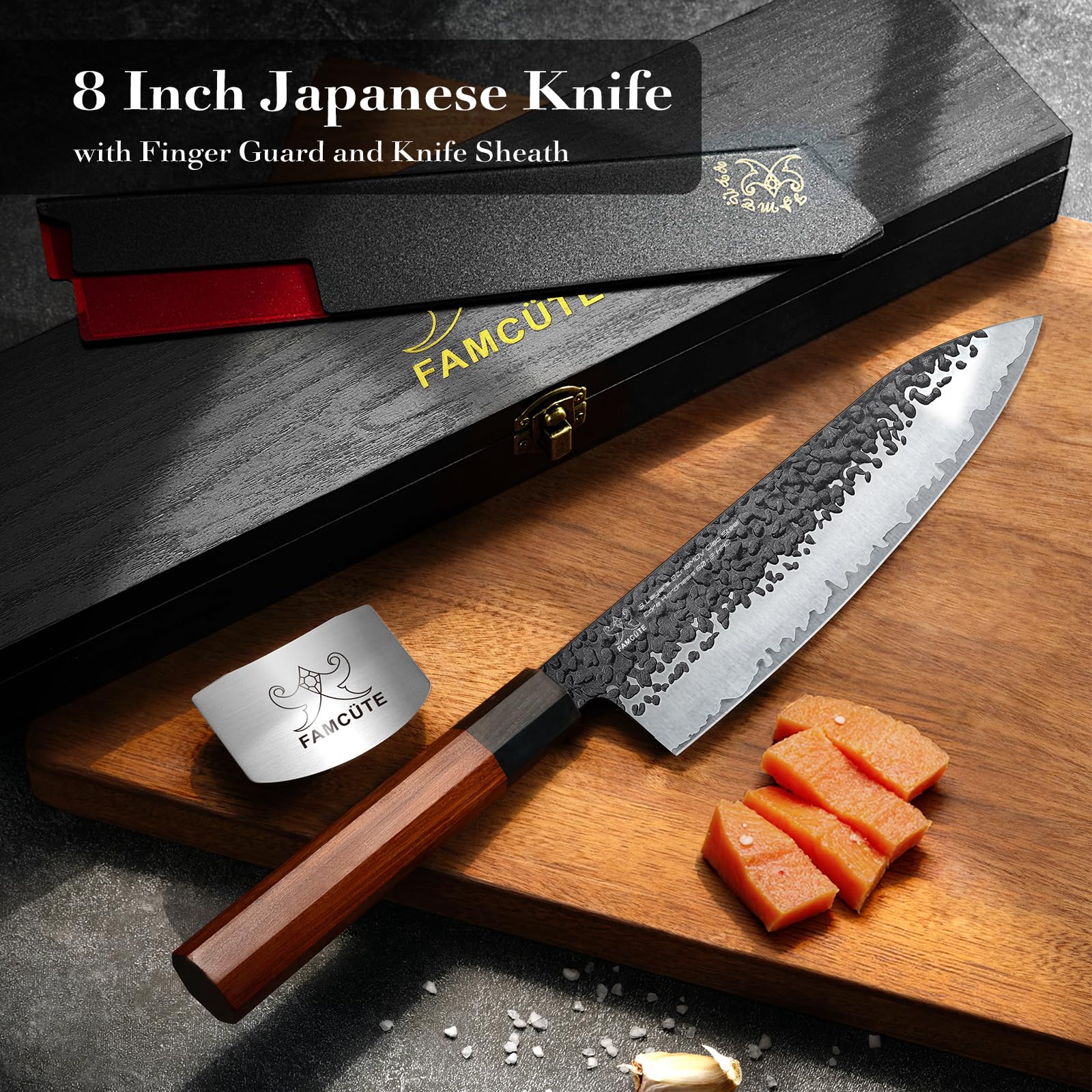 FamCÜTE hand-forged steel five-layer blade highlights durable construction for daily cooking.