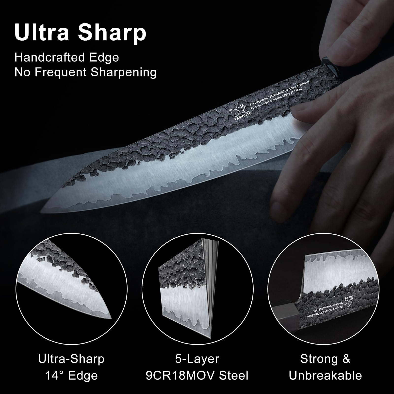 FamCÜTE high-hardness blade (HRC 62+) for sustained edge retention in busy kitchens.
