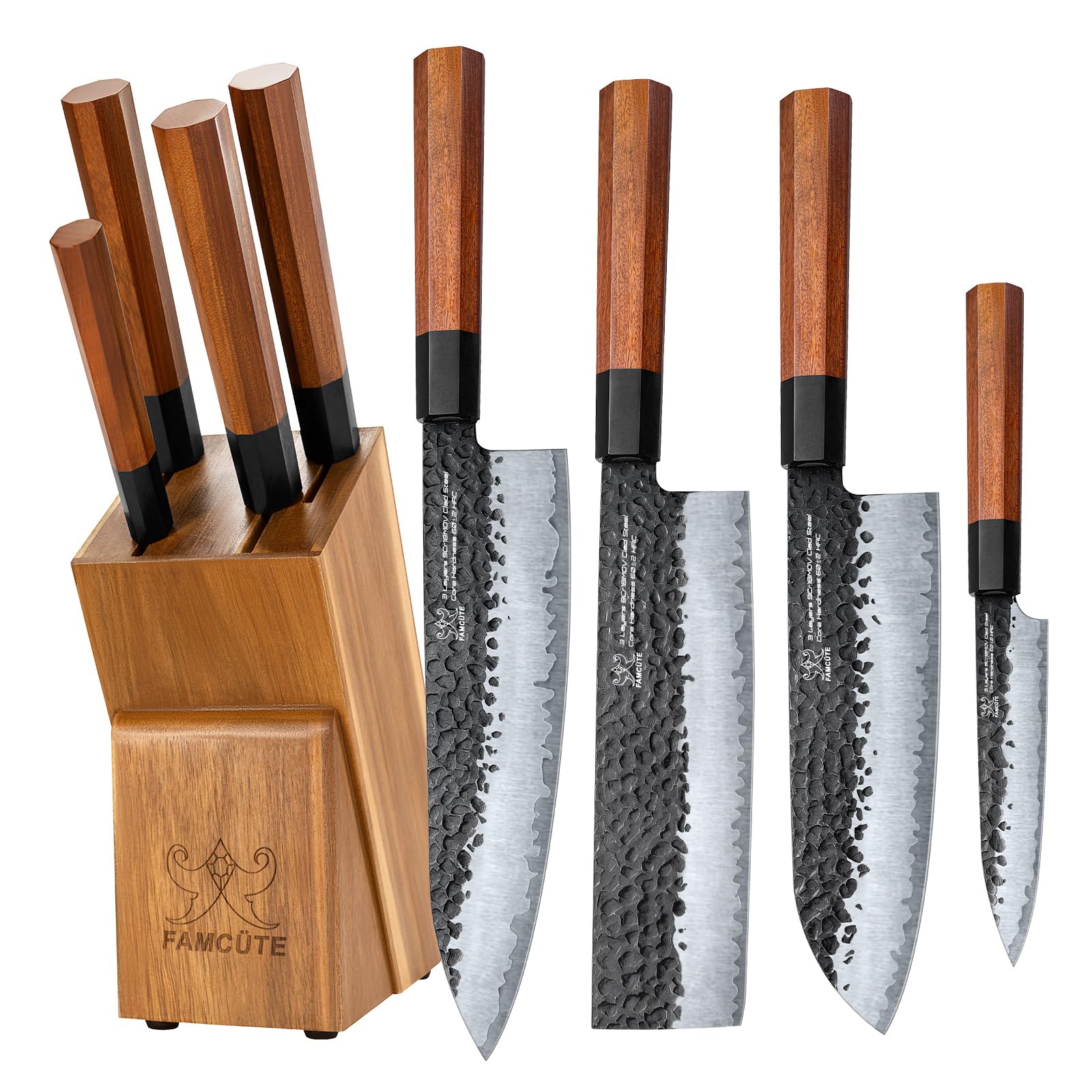 FAMCÜTE knife block with rosewood handle stores blades securely and keeps counters organized.