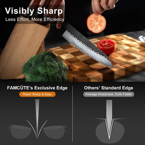 FAMCÜTE wooden storage block keeps knives organized and protected.