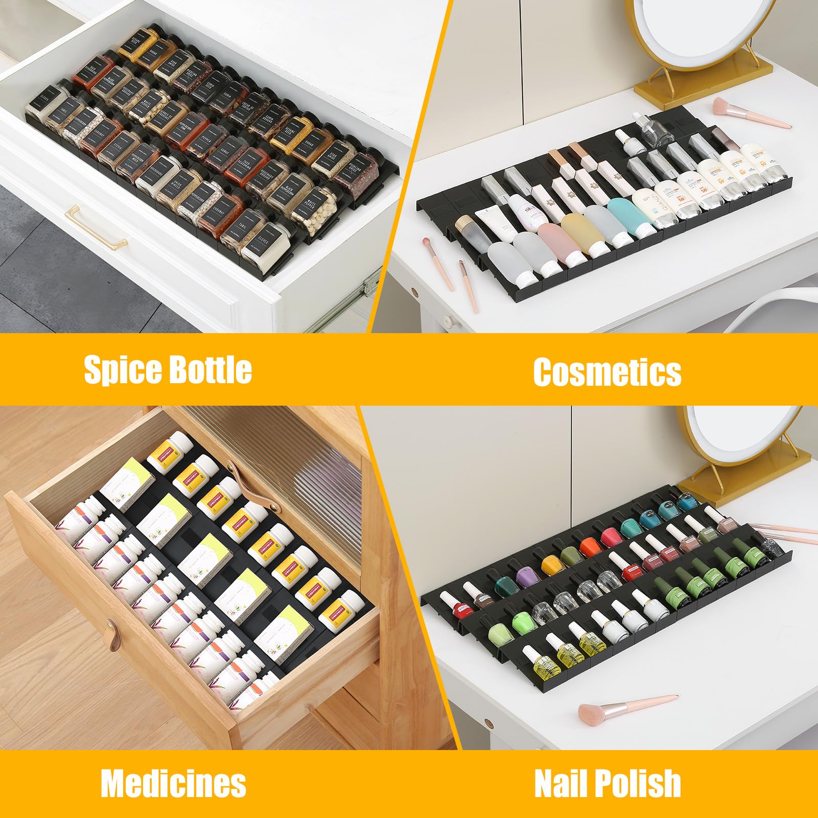Neat, accessible in-drawer setup for spices and small items